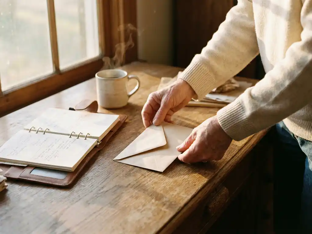 Handen plaatsen ontslagbrief op houten bureau naast open agenda en dampende koffiekop in warm ochtendlicht