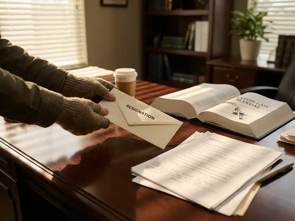 Handen plaatsen ontslagbrief op houten bureau met juridische documenten, arbeidsrecht boek en kruis hanger
