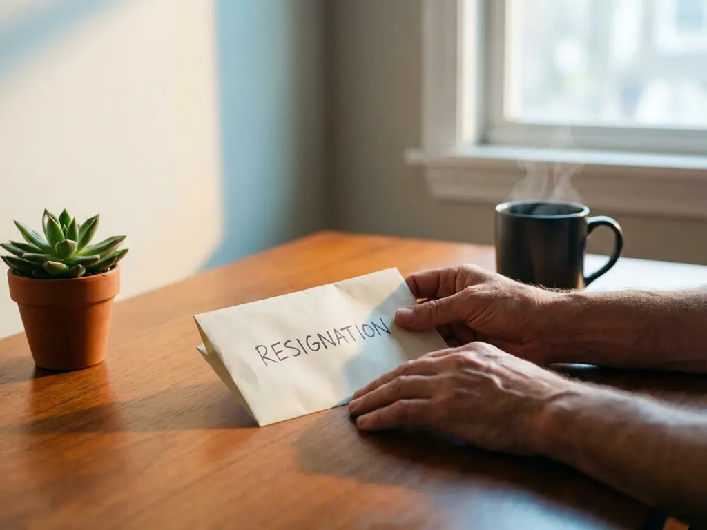 Handen plaatsen ontslagbrief op houten bureau naast plant en koffiekop in warm kantoorlicht