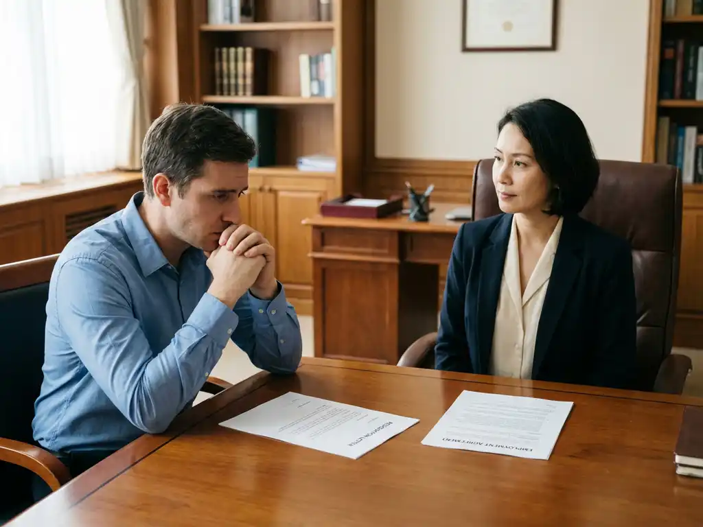 Bezorgde werknemer zit tegenover manager aan houten bureau met ontslagbrief en arbeidscontract, kantooromgeving met zachte raamverlichting