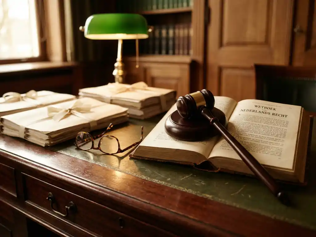 Houten hamer rust op opengeslagen Nederlands wetboek omringd door juridische documenten met linten op mahoniehout bureau