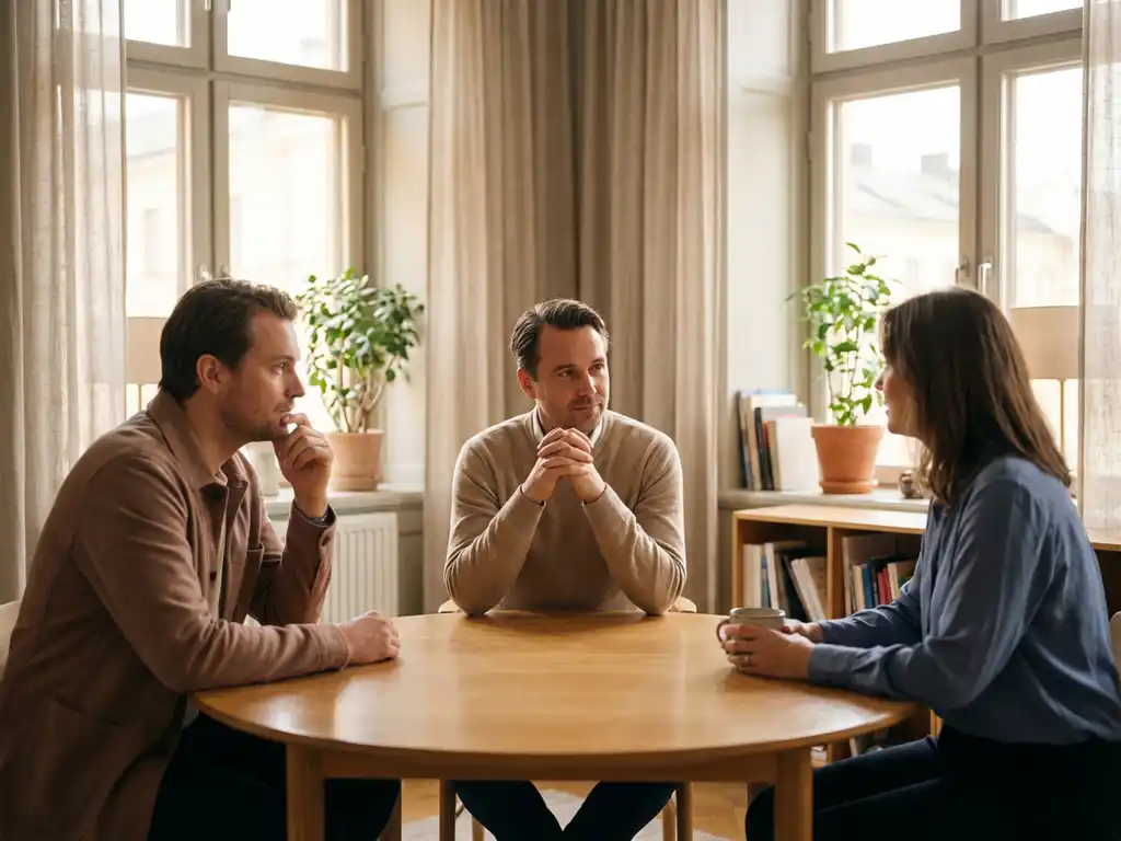 Twee kantoormedewerkers zitten tegenover elkaar aan houten vergadertafel terwijl neutrale mediator rustig gesprek begeleidt in natuurlijk verlichte ruimte
