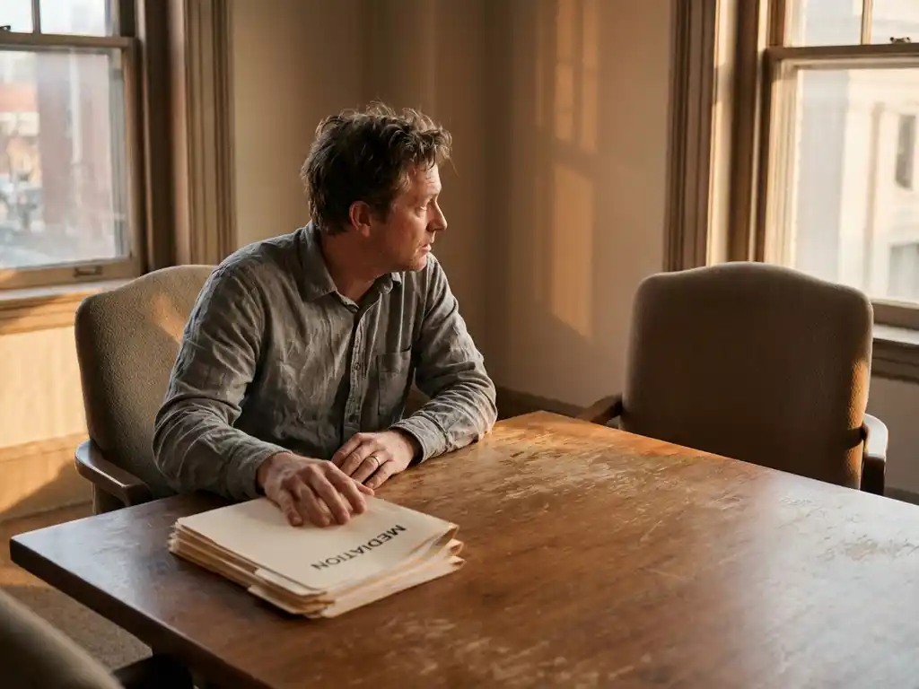 Gefrustreerde kantoormedewerker duwt bemiddelingsdocumenten weg aan houten vergadertafel, kijkt naar lege stoel