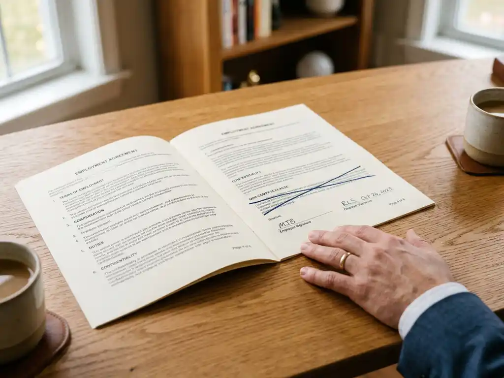 Arbeidscontract op houten bureau met doorgehaalde clausule, professionele hand ernaast in rustige contemplatie, zacht natuurlijk licht.