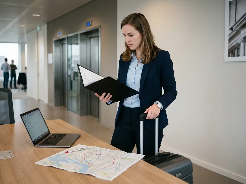 Nederlandse kantoormedewerker met arbeidscontract en rolkoffer naast bureau met laptop en stadskaart, verhuizing naar nieuw werk