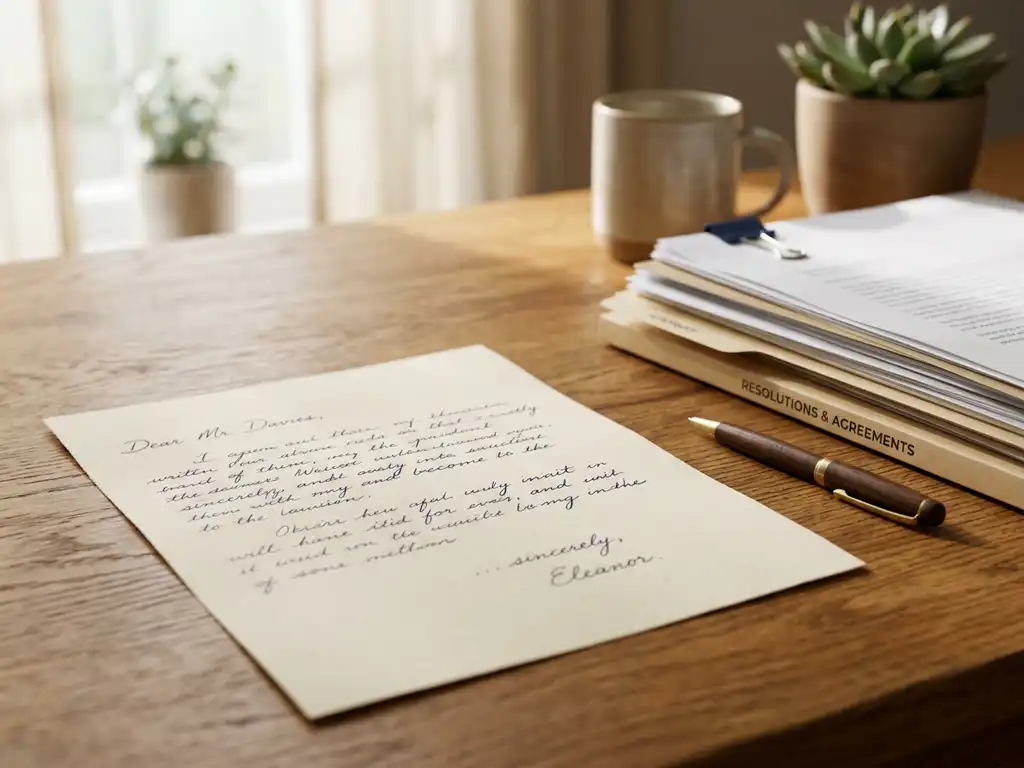 Handgeschreven formele brief op houten bureau naast gestapelde documenten en pen, zacht ochtendlicht op crèmekleurig papier.