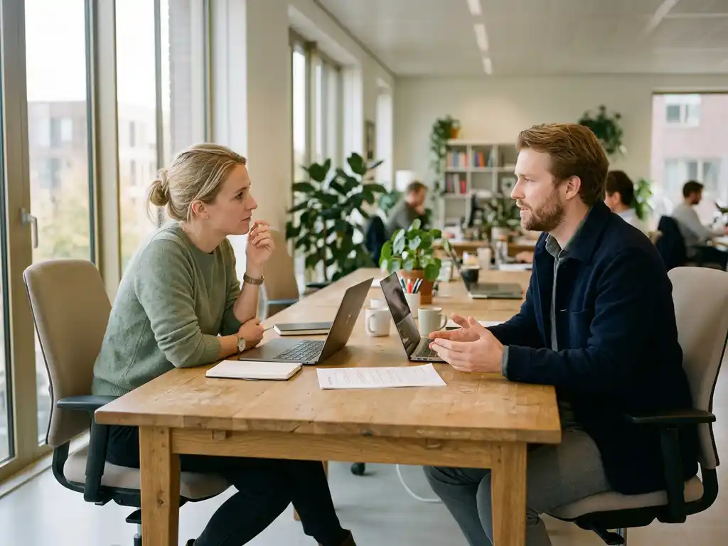 Twee collega's in gesprek aan een gedeeld bureau in een modern Nederlands kantoor, met een document tussen hen in.