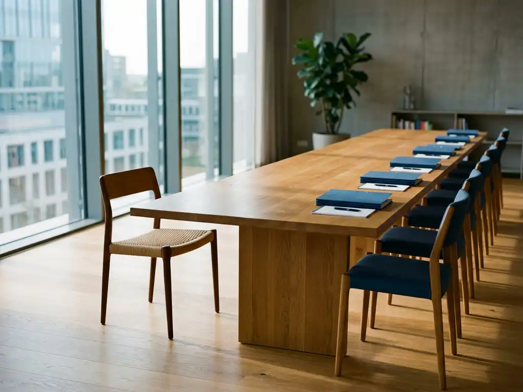 Verlaten houten stoel apart van een vergadertafel met uitgelijnde stoelen en mappen in een modern kantoor.