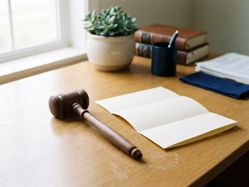 Houten rechtershamer op een bureau naast een gevouwen document, met zacht ochtendlicht en een kleine plant op de achtergrond.