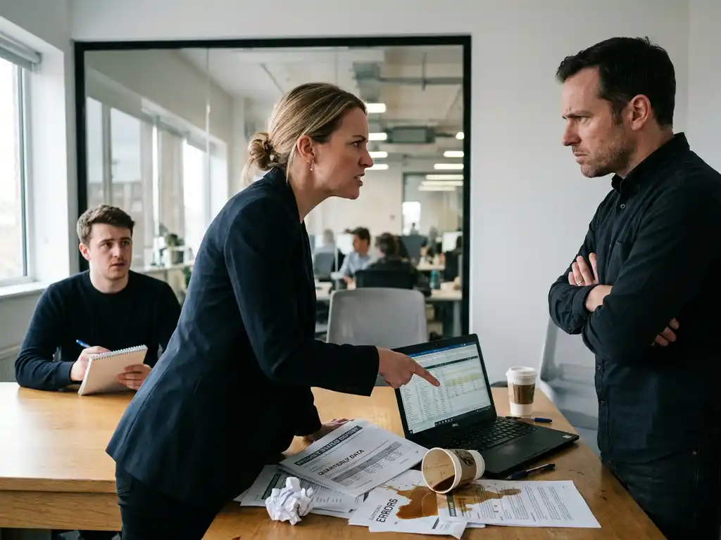 Twee collega’s in conflict bij vergadertafel met laptop en documenten; omgevallen koffie en bezorgde collega op achtergrond