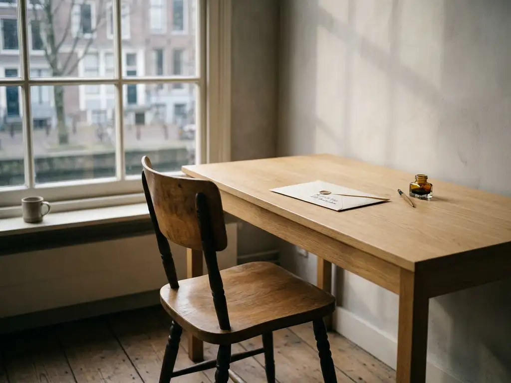 Lege houten stoel aan een kantoorbureau met een gesloten envelop, zacht ochtendlicht en lange schaduwen in een stille werkruimte.