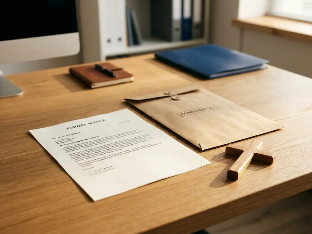 Verzegelde bruine envelop en ontslagbrief op kantoorbureau naast een houten kruis, zacht middaglicht op wit papier.