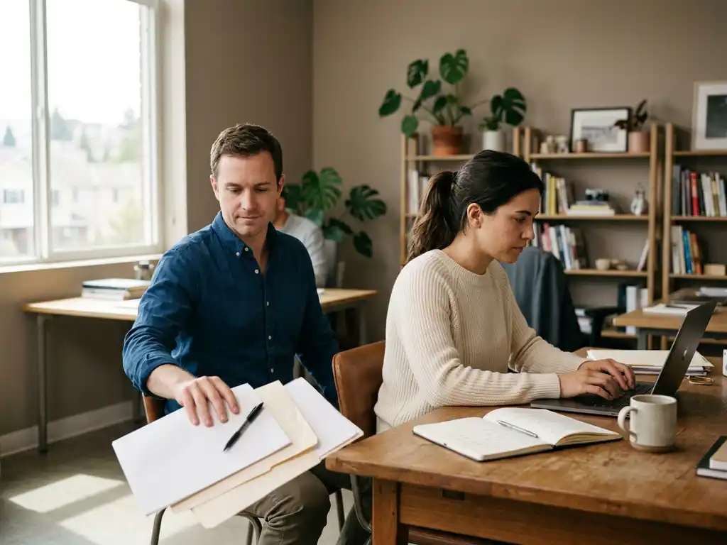 Collega schuift stiekem papieren van een gedeeld bureau terwijl een andere medewerker geconcentreerd werkt in een warm kantoor.