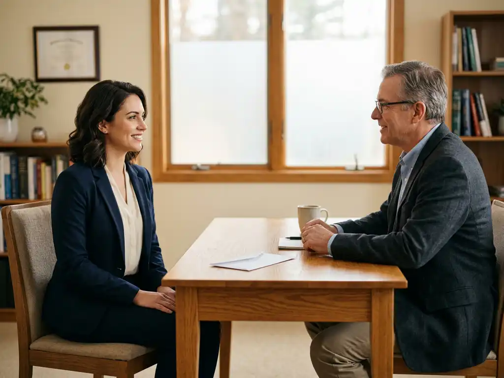 Zelfverzekerde sollicitant tegenover interviewer aan houten bureau, met een ontslagbrief zichtbaar tussen hen in, warm kantoorlicht.