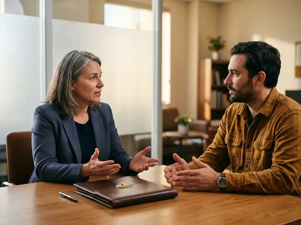 Vakbondsadviseur in gesprek met werknemer aan houten tafel, open houding, zachte middaglichtsfeer die vertrouwen uitstraalt.