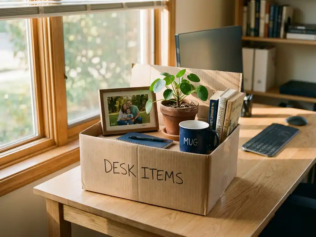 Kartonnen verhuisdoos met ingelijste familiefoto, plant en koffiemok op kantoorbureau in warm middaglicht.