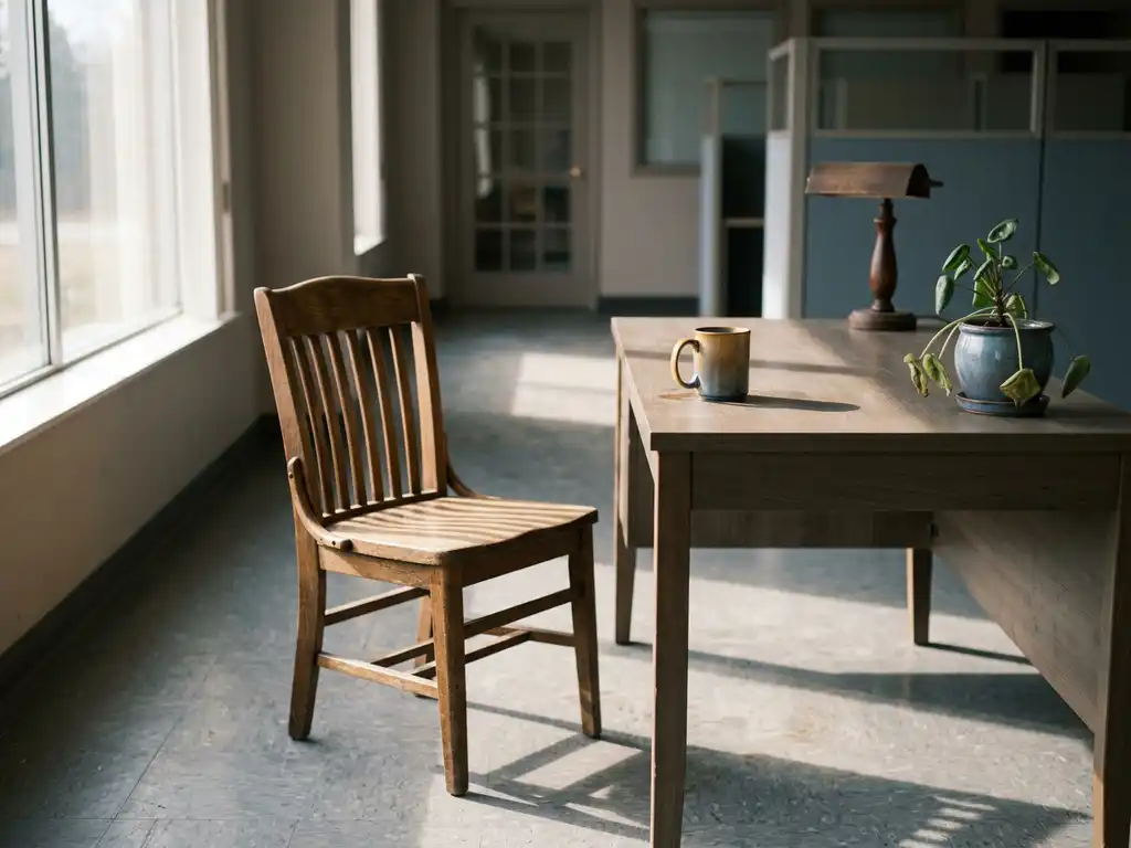 Verlaten houten stoel naast leeg bureau met vergeten koffiemok en verwelkte plant in zacht middaglicht.