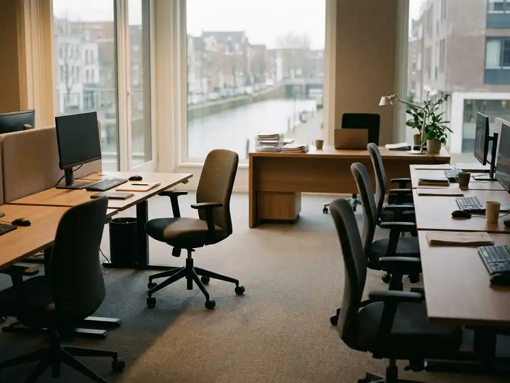 Verlaten bureaustoelen in een stille Nederlandse kantoorruimte, met zachte raamverlichting en een bureau met papieren op de achtergrond.