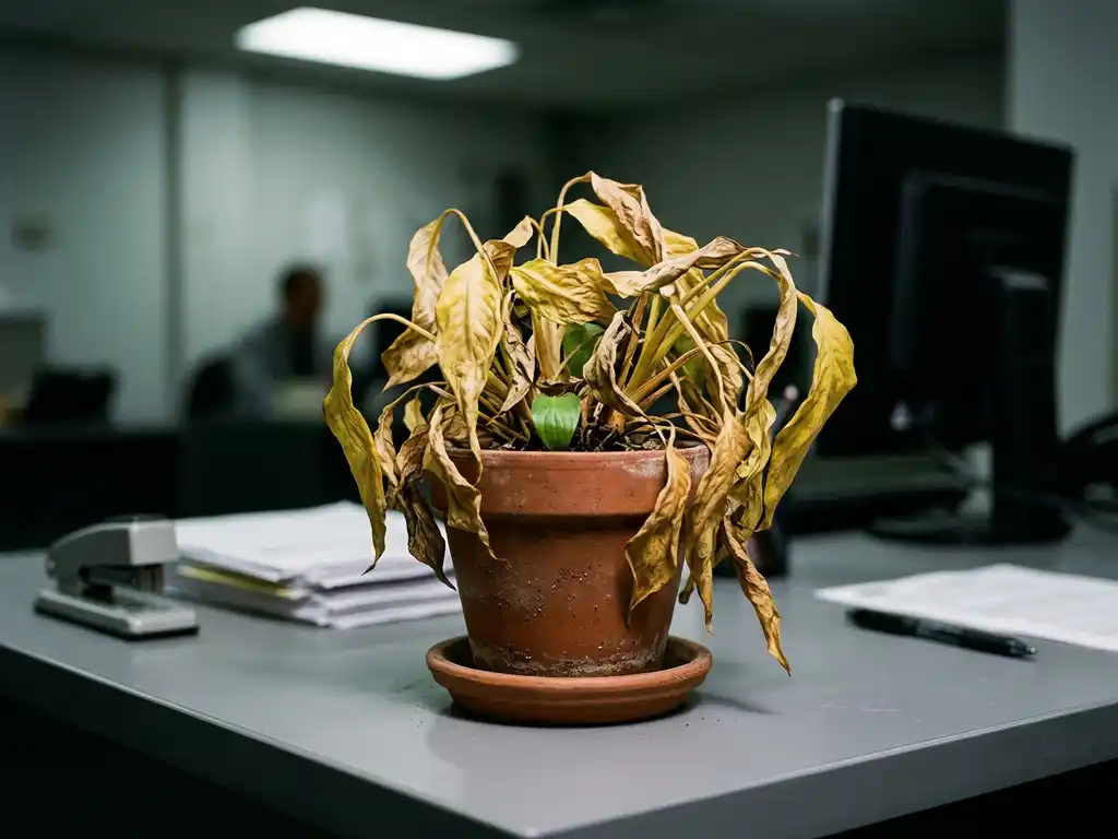 Verwelkte plant met vergelde, krullende bladeren op een kantoorbureau onder koud tl-licht, met één gezond groen blad zichtbaar.