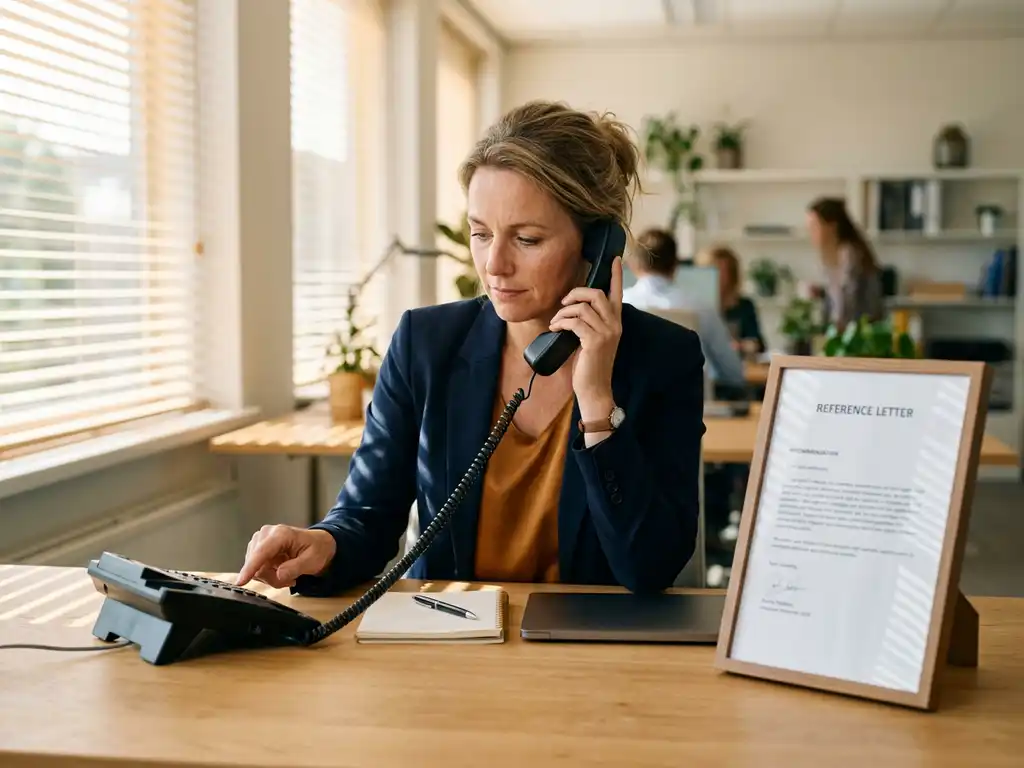 Werkgever aarzelt bij het bellen van een referentie, met een referentiebrief op een houten bureau in warm kantoorlicht.