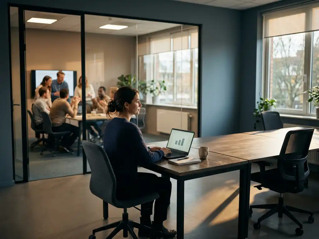 Werknemer zit alleen aan bureau terwijl collega's vergaderen in glazen vergaderruimte op de achtergrond, sfeer van uitsluiting op kantoor.