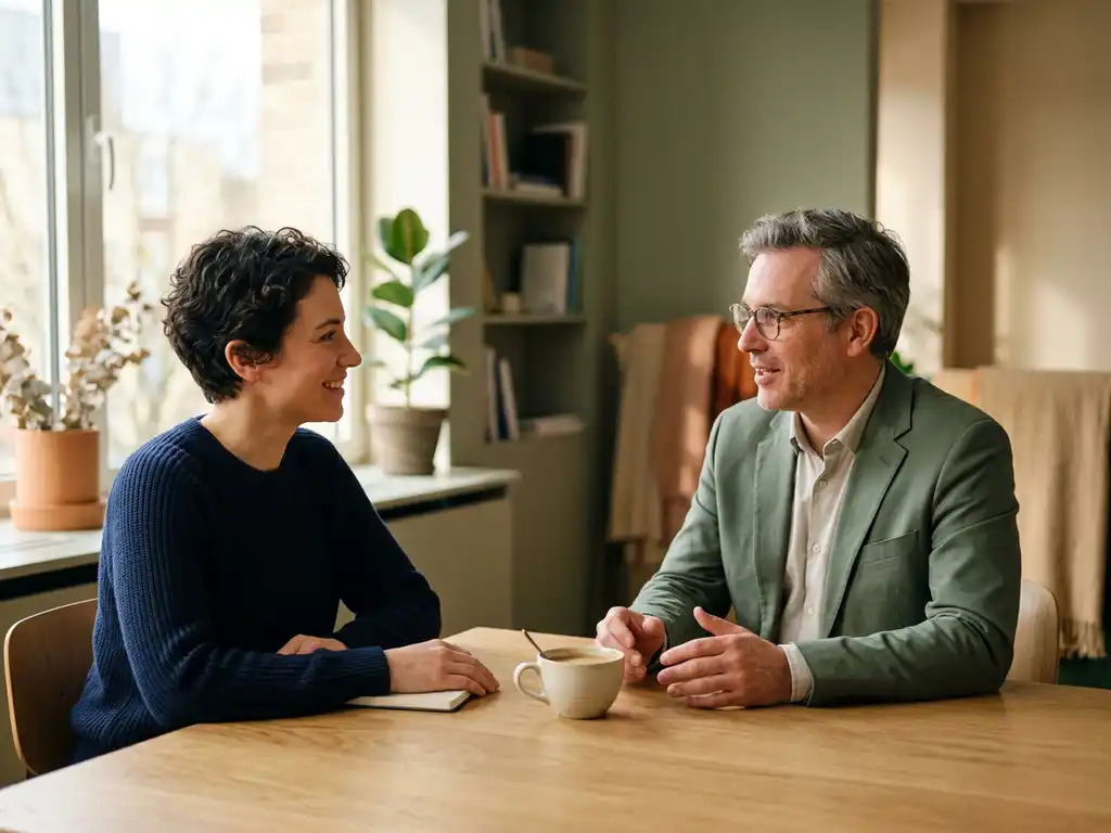 Medewerker en manager in open gesprek aan kantaartafel met gedeelde koffiekop, warm natuurlijk licht en rustgevende tinten.
