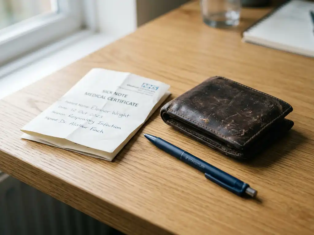 Versleten leren portemonnee naast een opgevouwen medisch ziektebriefje op een houten bureau, met een pen en zacht natuurlijk licht.