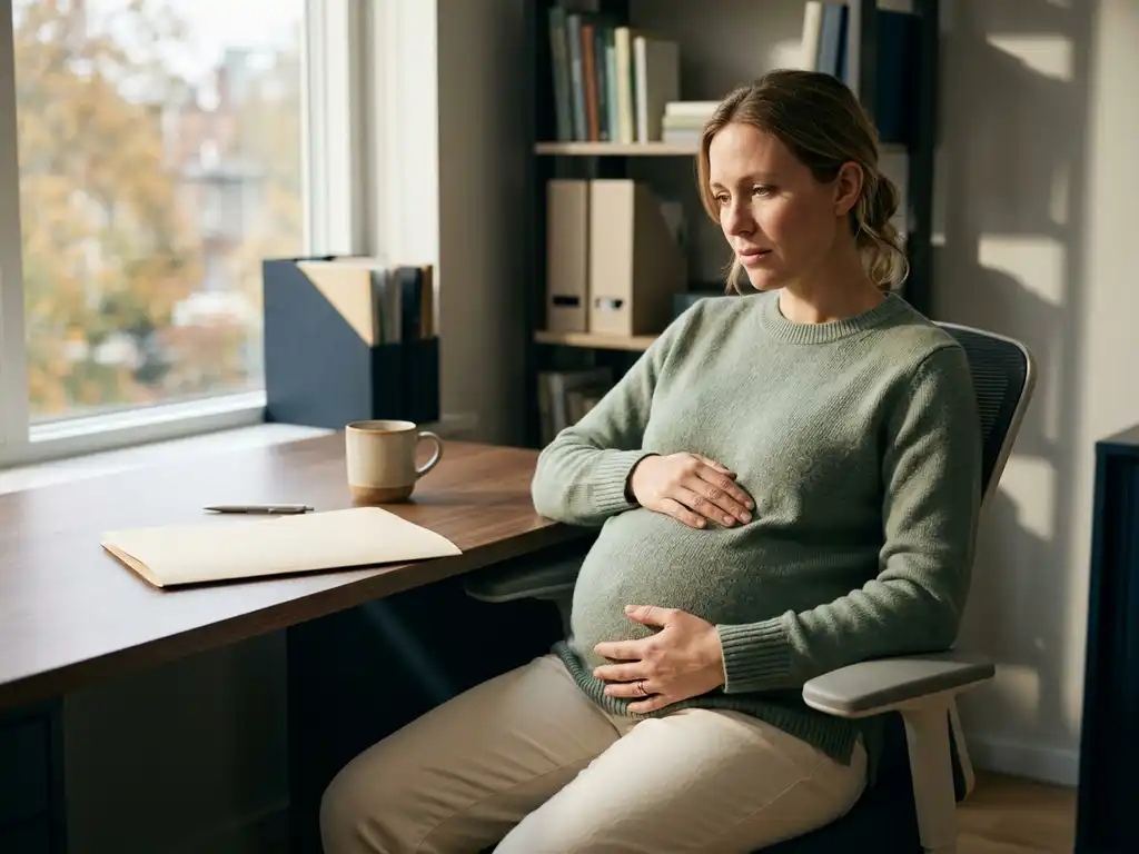 Zwangere vrouw aan modern bureau met handen op buik, arbeidscontract naast haar, middaglicht door raam.