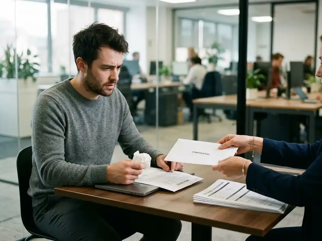 Bezorgde werknemer bij HR-gesprek, met ziekbriefje; HR schuift envelop en ontslagpapieren over tafel in modern kantoor