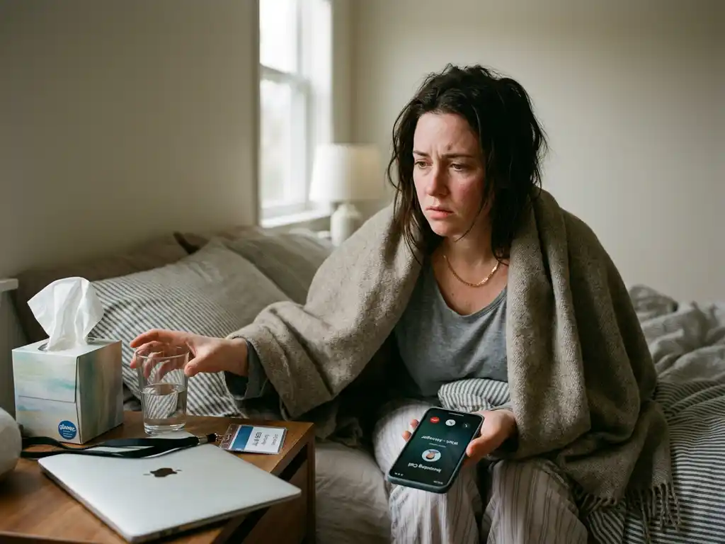 Zieke werknemer in bed met smartphone en inkomend gesprek, reikt naar tissues en water naast laptop en werkbadge