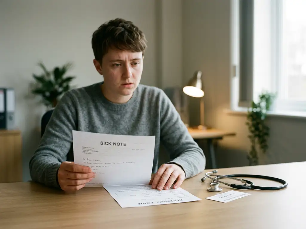 Bezorgde werknemer houdt ziekmelding vast aan bureau met verwijzingsformulier, stethoscoop en afspraakkaart in HR-kantoor