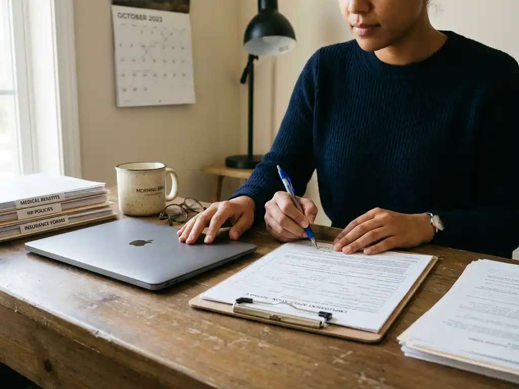 Werknemer vult aanvraagformulier in op clipboard aan thuiswerkbureau, met laptop en medische HR-documenten naast mok.