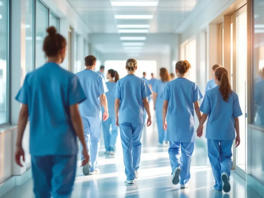 Diverse zorgverleners lopen samen door moderne Nederlandse ziekenhuisgang met natuurlijk licht en warme kleuren.