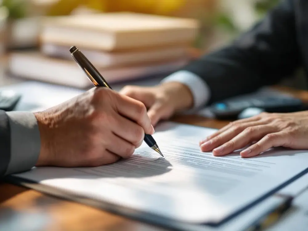 Handen die met professionele pen officieel document invullen op houten bureau met georganiseerde paperassen en juridische boeken